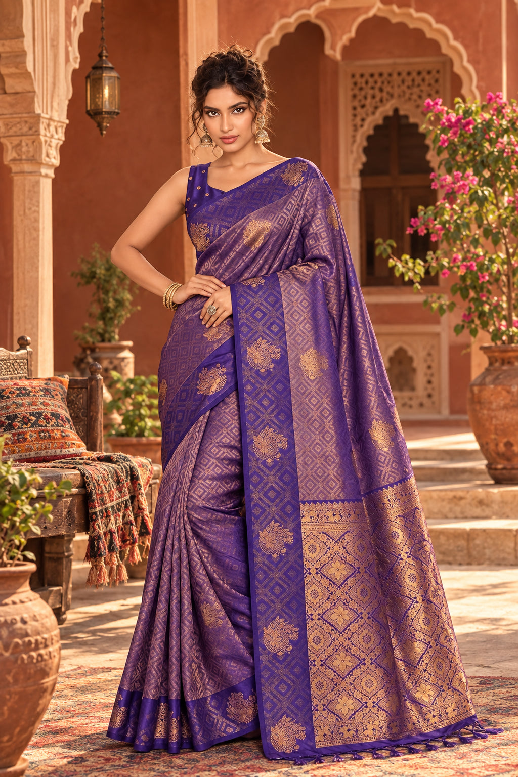 Pure Silk Zari Work Saree With Unstitched Blouse(Purple)
