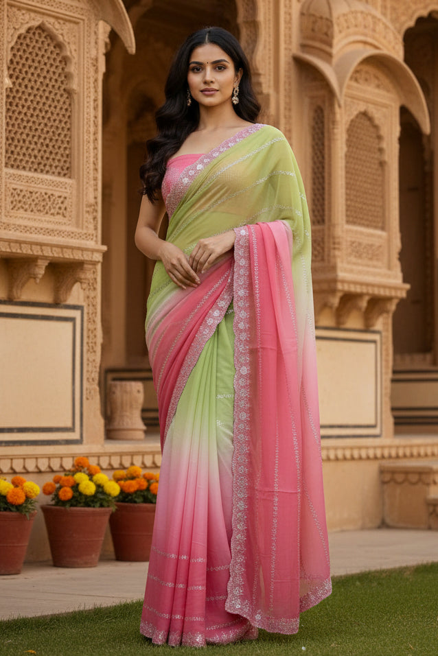 Georgette Swarovski Printed Saree With Unstitched Blouse(Light Green)