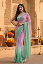Georgette Swarovski Printed Saree With Unstitched Blouse(Lavender)