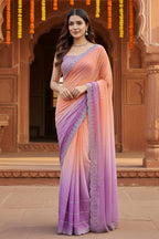 Georgette Swarovski Printed Saree With Unstitched Blouse(Orange)