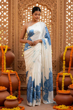 Load image into Gallery viewer, Satin Silk Printed Saree With Unstitched Blouse(Blue)
