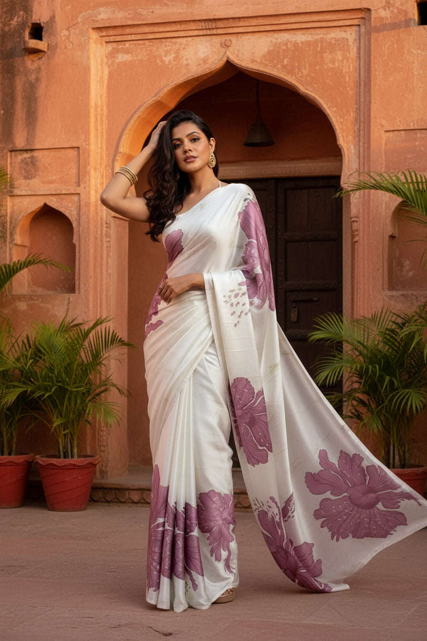 Satin Silk Printed Saree With Unstitched Blouse(Light Pink)