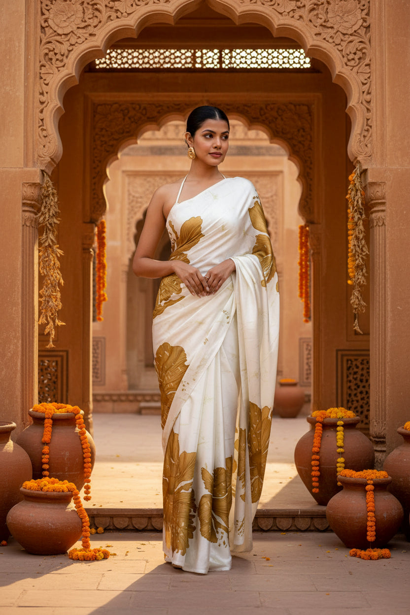 Satin Silk Printed Saree With unstitched(Yellow)