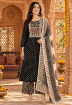 Soft Cotton Kurti Pant Set With Dupatta(Black)