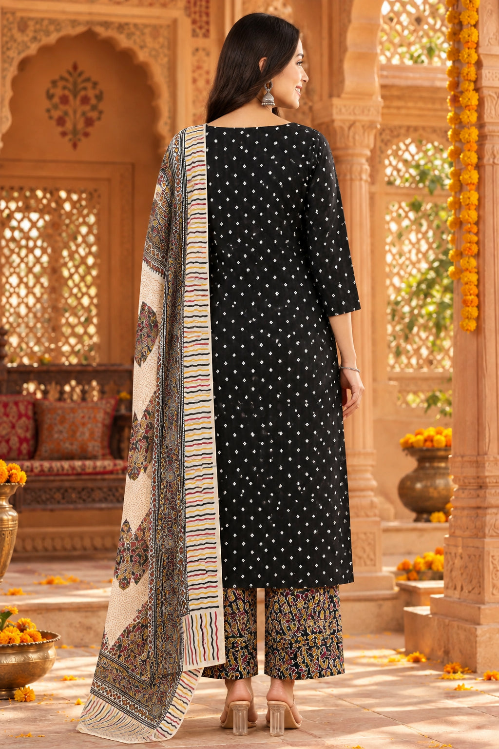 Soft Cotton Kurti Pant Set With Dupatta(Black)