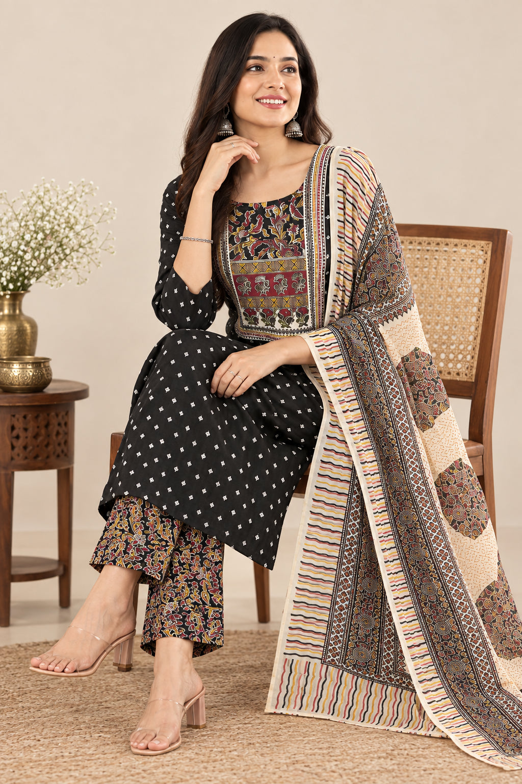 Soft Cotton Kurti Pant Set With Dupatta(Black)