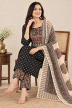 Soft Cotton Kurti Pant Set With Dupatta(Black)