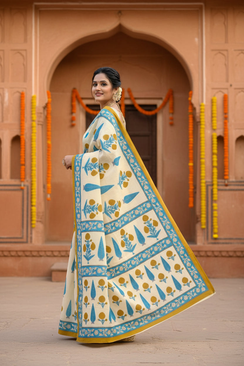 Mulmul cotton printed saree with unstitched blouse(white)