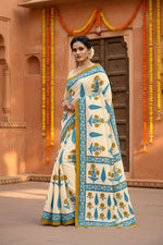 Load image into Gallery viewer, Mulmul Cotton Printed Saree With Unstitched Blouse(White)
