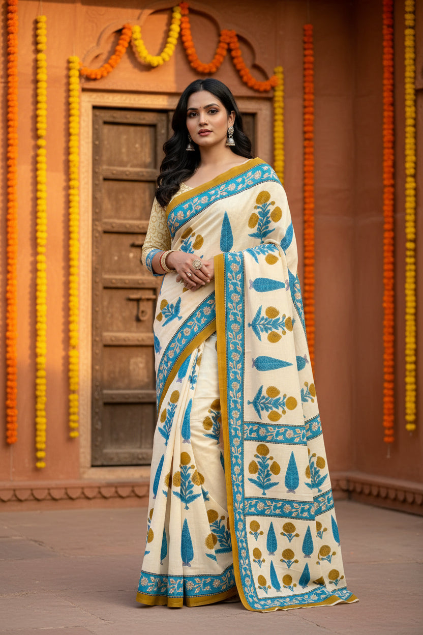 Mulmul Cotton Printed Saree With Unstitched Blouse(White)