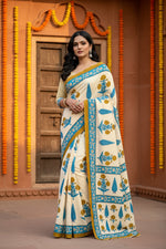 Load image into Gallery viewer, Mulmul Cotton Printed Saree With Unstitched Blouse(White)
