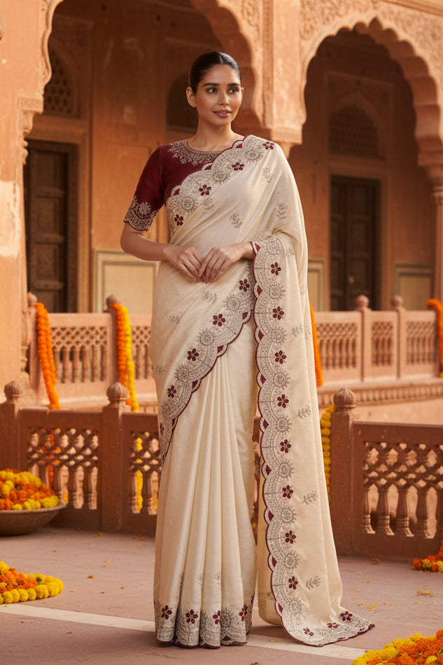 Premium Rangoli Silk Embroidery Work Saree With Unstitched Blouse(White)