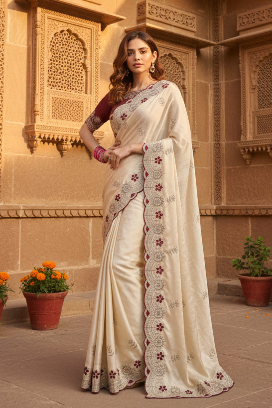 Premium Rangoli Silk Embroidery Work Saree With Unstitched Blouse(White)
