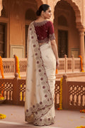 Premium Rangoli Silk Embroidery Work Saree With Unstitched Blouse(White)