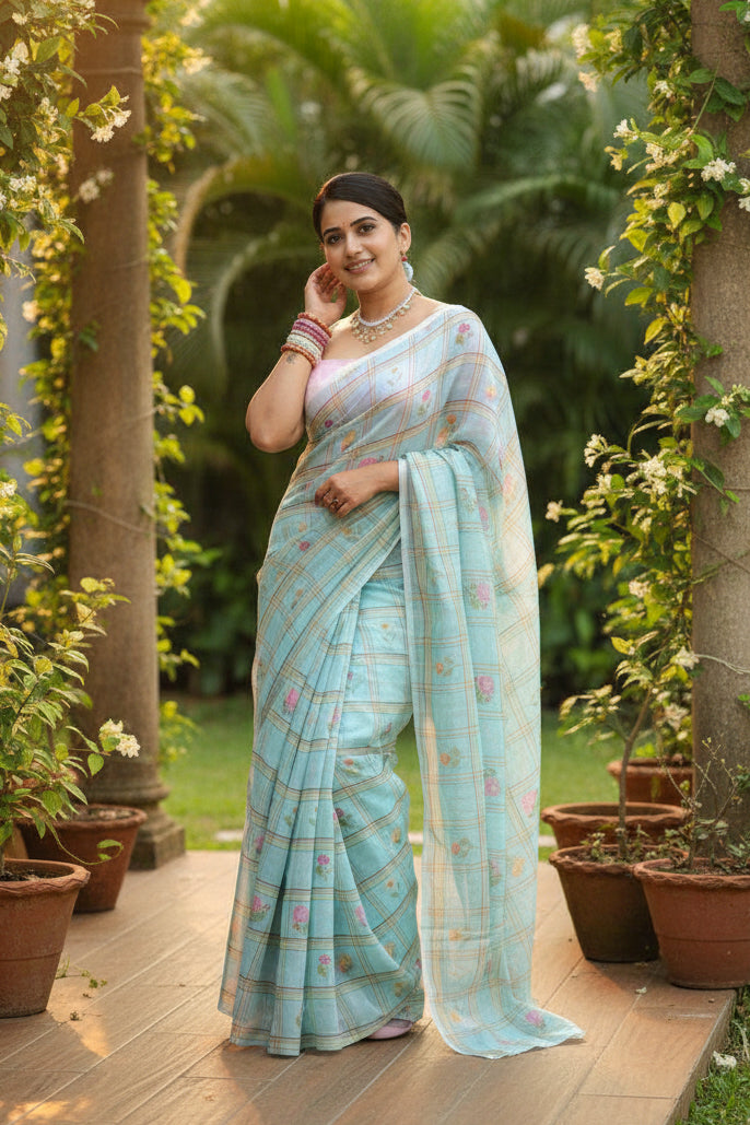 Soft Linen Jari Designer Saree with Pink Blouse Piece