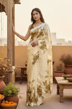 Premium Satin Silk Printed Saree With Unstitched Blouse(Mehendi)