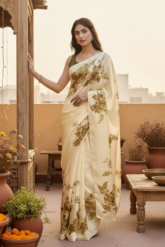 Premium Satin Silk Printed Saree With Unstitched Blouse(Mehendi)