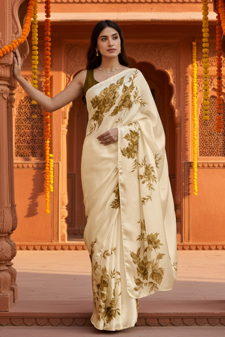 Premium Satin Silk Printed Saree With Unstitched Blouse(Mehendi)