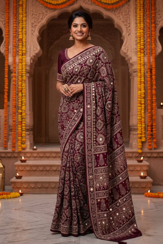 Premium Satin Ajrakh Printed Mirror Work Saree With Unstitched Blouse(Wine)