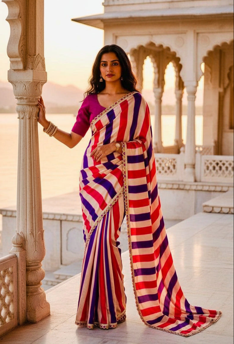 Soft Chinon Lehriye  Silk Saree With Unstitched Blouse(Red)