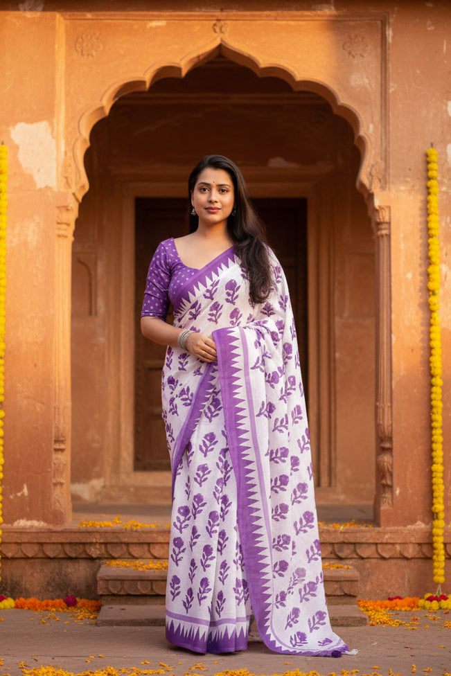Linen batik printed saree with unstitched blouse(purple)