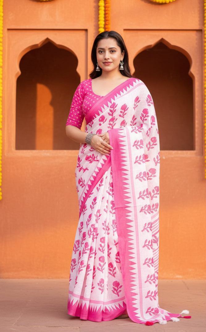 Linen Batik Printed Saree With Unstitched Blouse(Pink)