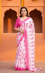 Load image into Gallery viewer, Linen Batik Printed Saree With Unstitched Blouse(Pink)
