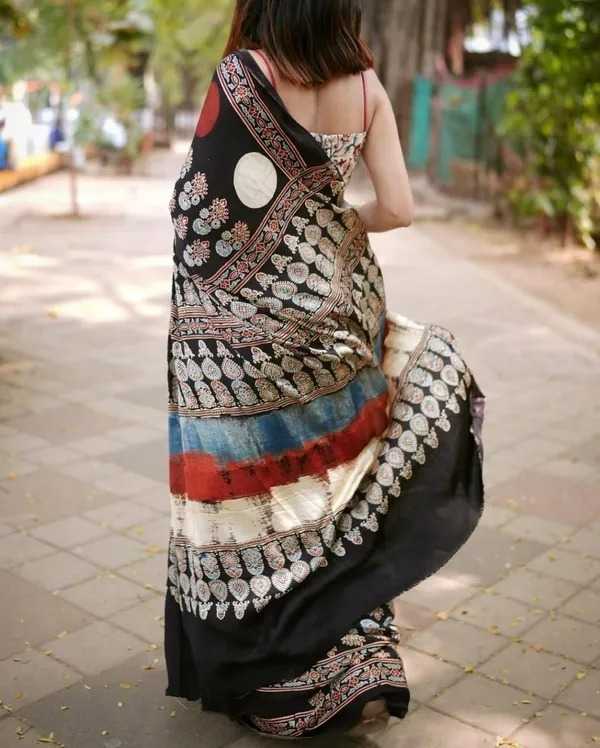 Satin Silk Ajrakh Printed Saree With Unstitched Blouse(Black)