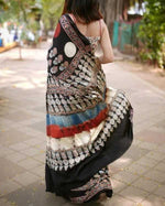 Load image into Gallery viewer, Satin Silk Ajrakh Printed Saree With Unstitched Blouse(Black)

