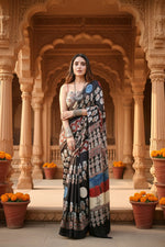 Load image into Gallery viewer, Satin Silk Ajrakh Printed Saree With Unstitched Blouse(Black)
