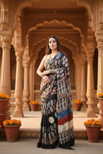 Load image into Gallery viewer, Satin Silk Ajrakh Printed Saree With Unstitched Blouse(Black)
