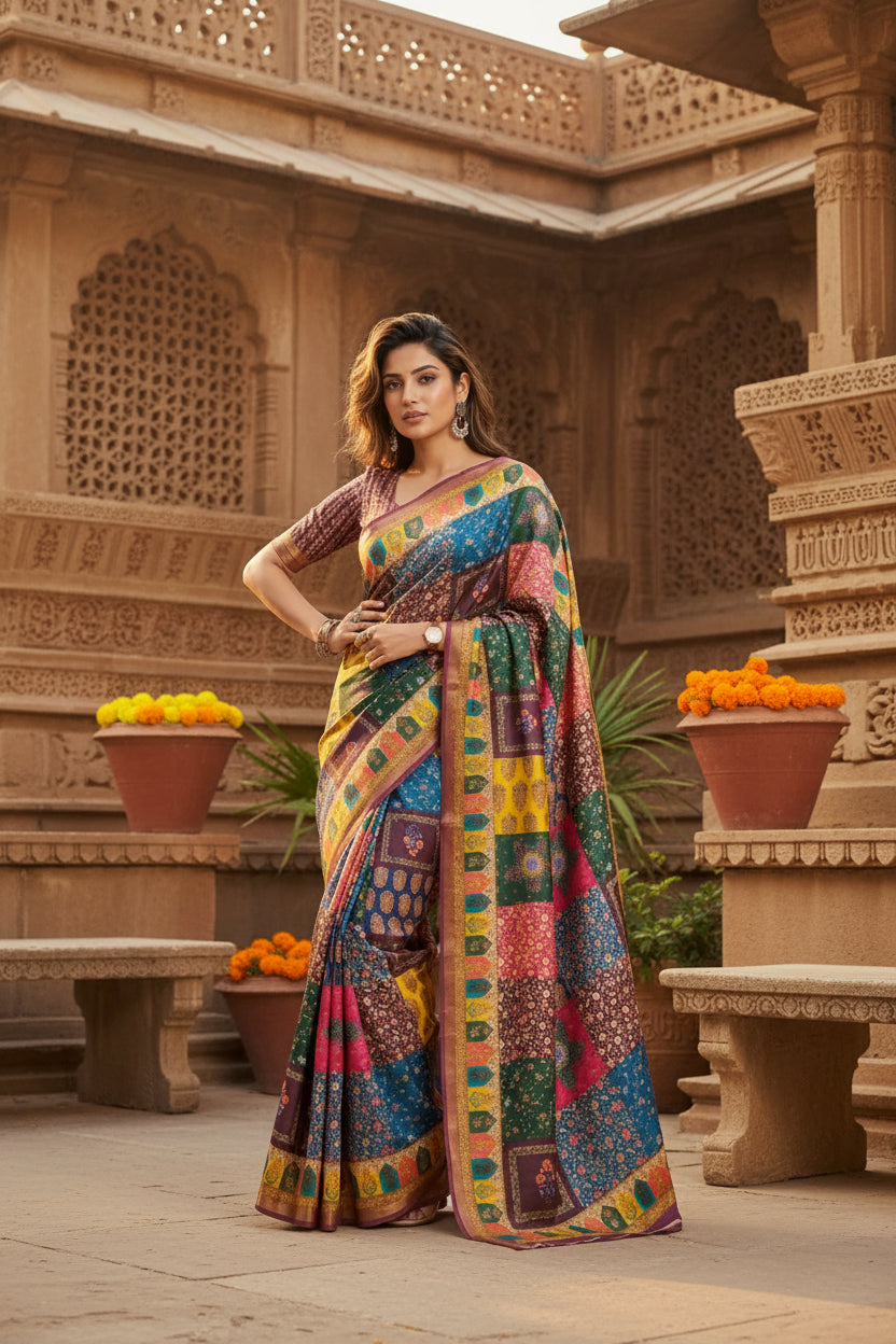 Soft Cotton Digital Printed Saree With Unstitched Blouse(Yellow)