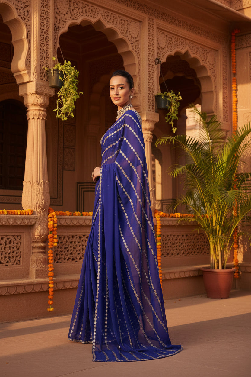 Designer Georgette Saree With Embroidery Mirror Work Blouse (Violet)