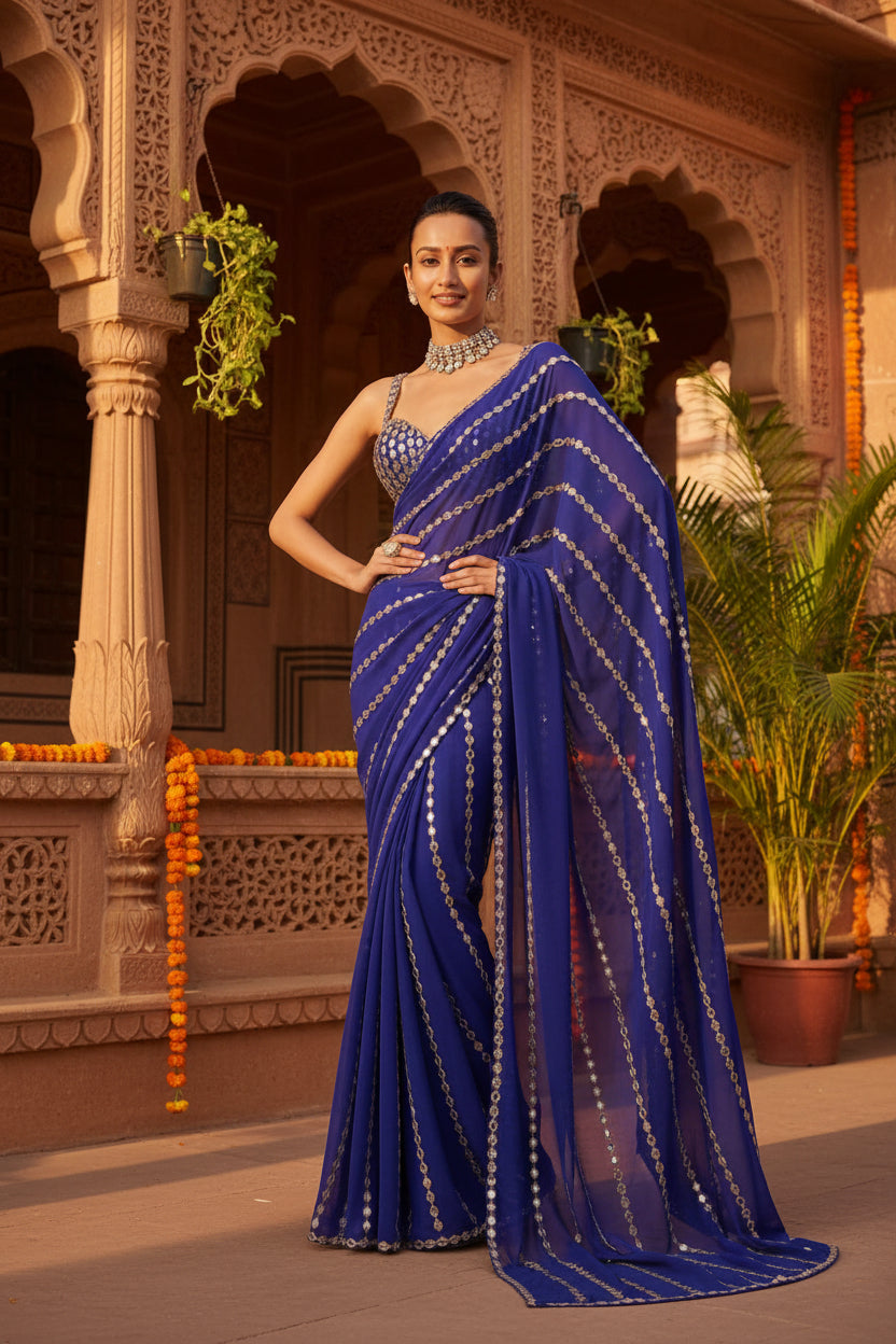 Designer Georgette Saree With Embroidery Mirror Work Blouse (Violet)
