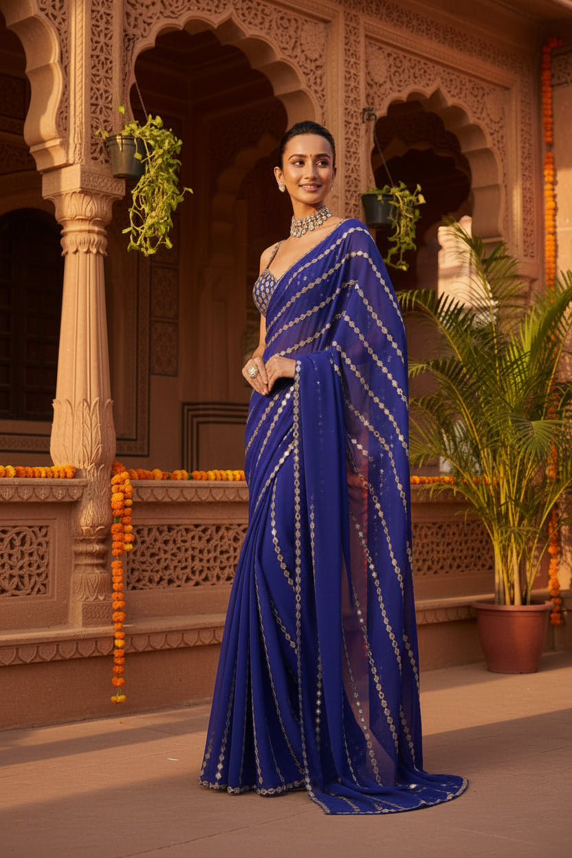 Designer Georgette Saree With Embroidery Mirror Work Blouse (Violet)