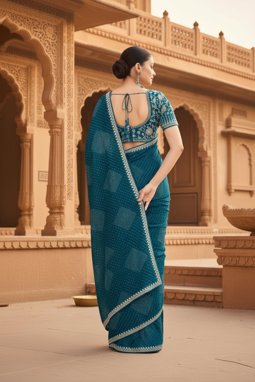 Sequence Georgette Bandhani Printed Saree With Unstitched Blouse(Navy Blue)
