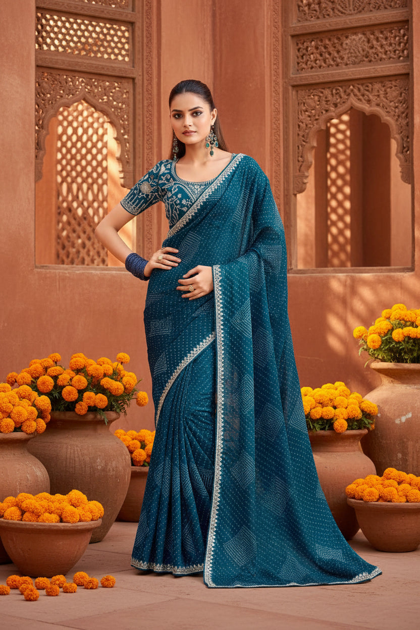 Sequence Georgette Bandhani Printed Saree With Unstitched Blouse(Navy Blue)