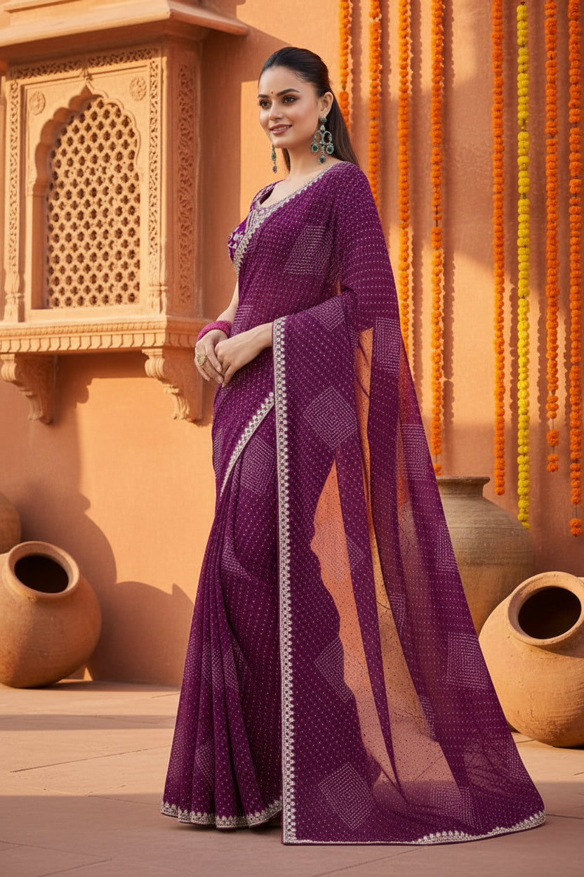 Sequence Georgette Bandhani Printed Saree With Unstitched Blouse(Wine)