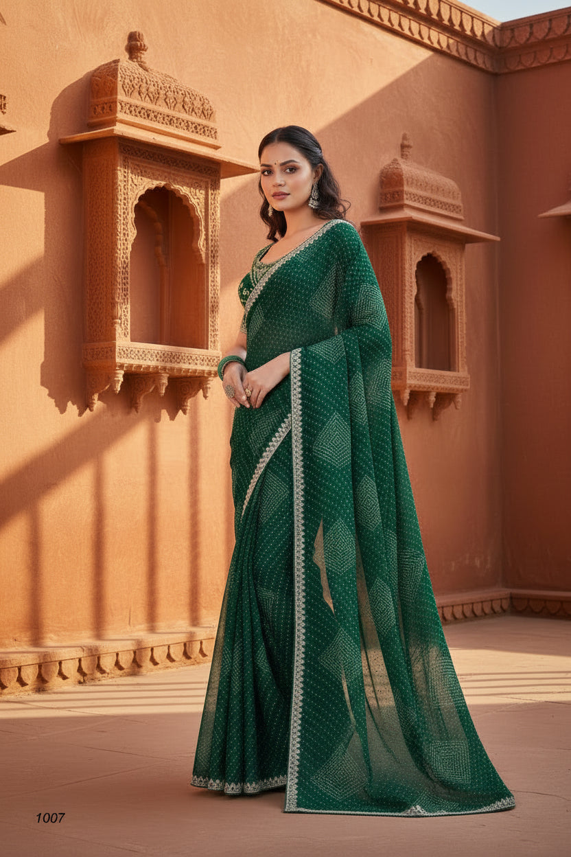 Sequence Georgette Bandhani Printed Saree With Unstitched Blouse(Green)