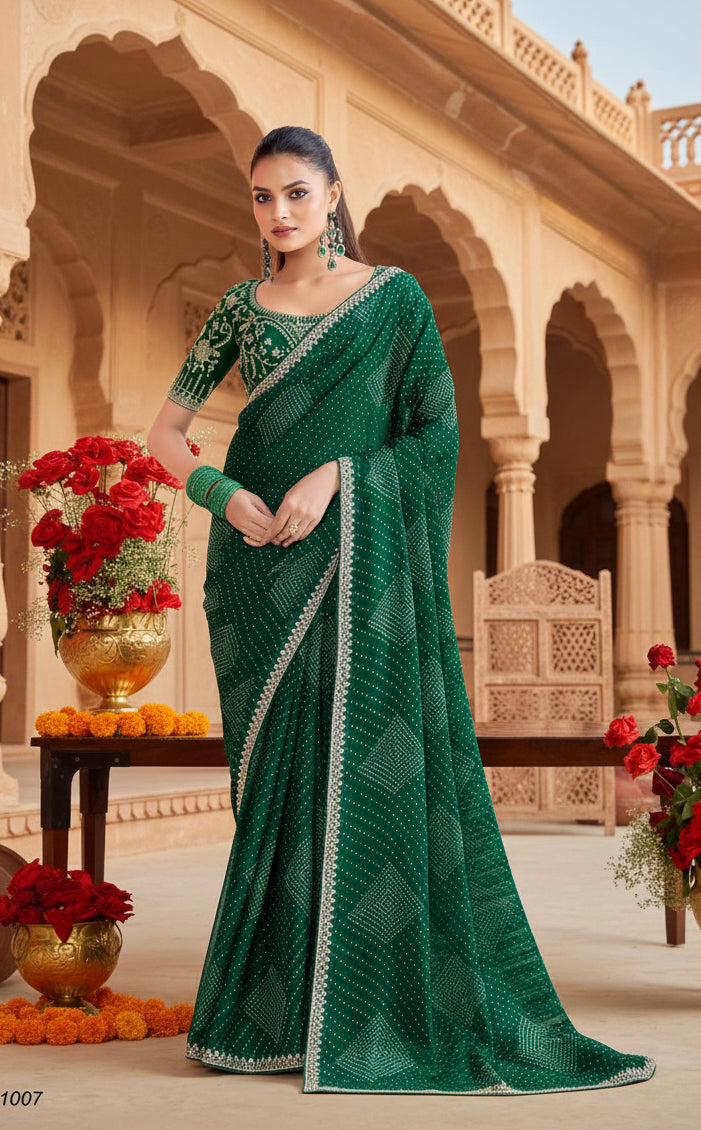 Sequence Georgette Bandhani Printed Saree With Unstitched Blouse(Green)