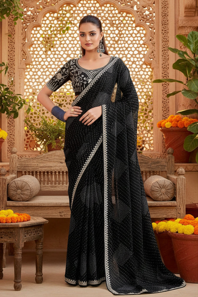 Sequence Georgette Bandhani Printed Saree With Unstitched Blouse(Black)
