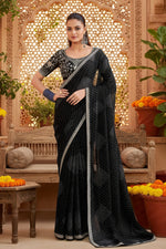 Load image into Gallery viewer, Sequence Georgette Bandhani Printed Saree With Unstitched Blouse(Black)
