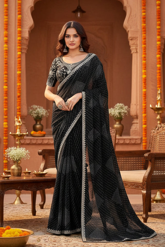 Sequence Georgette Bandhani Printed Saree With Unstitched Blouse(Black)