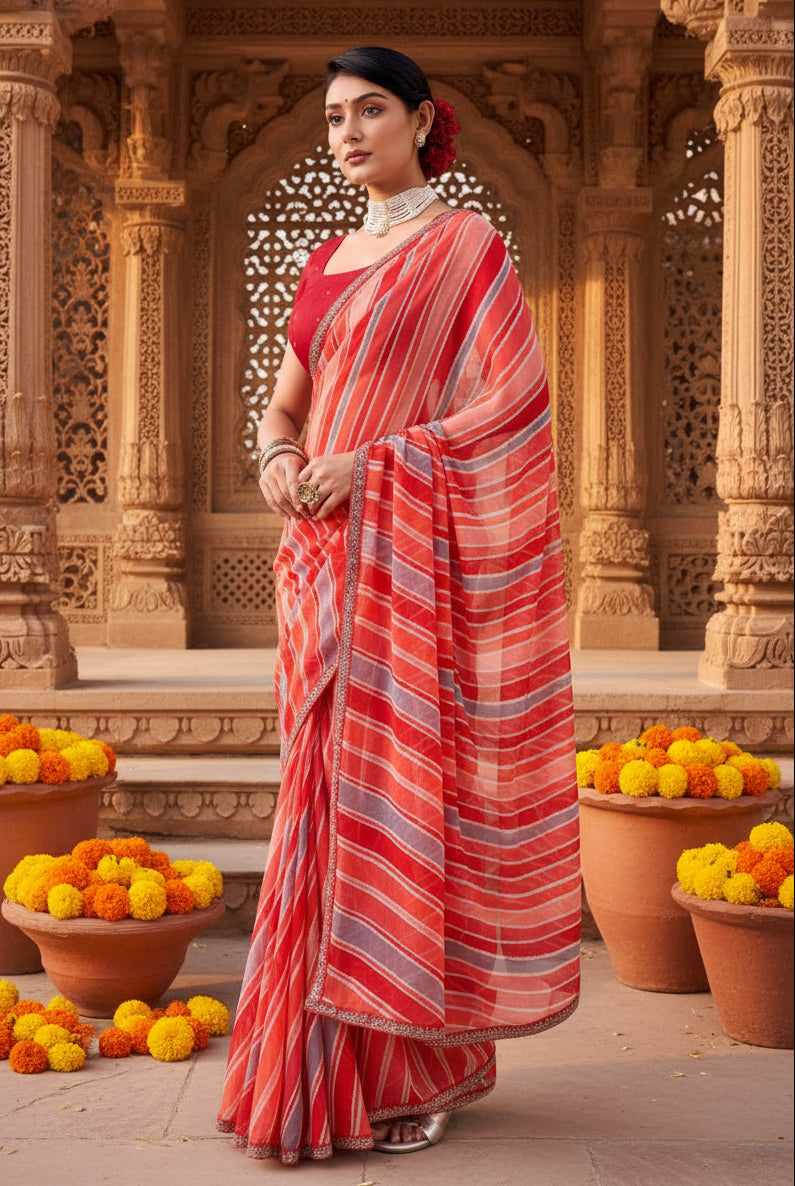 Premium Georgette Bandhani Work Saree With Unstitched Blouse(Red)