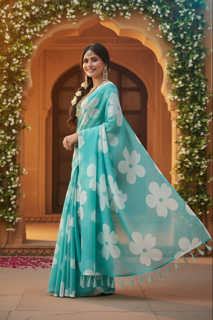 Georgette Printed Sarees With Unstitched Blouse(Blue)