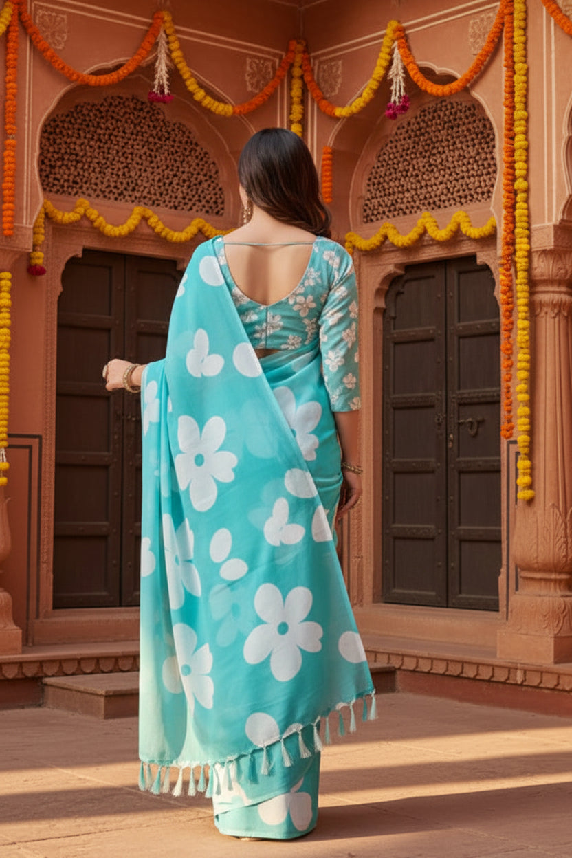 Georgette Printed Sarees With Unstitched Blouse(Blue)