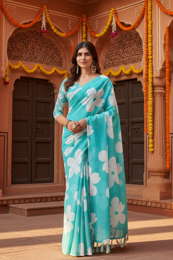 Georgette printed sarees with unstitched blouse(blue)