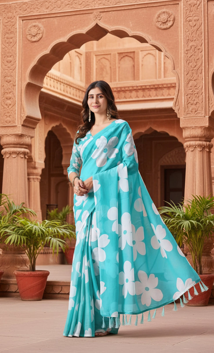 Georgette Printed Sarees With Unstitched Blouse(Blue)