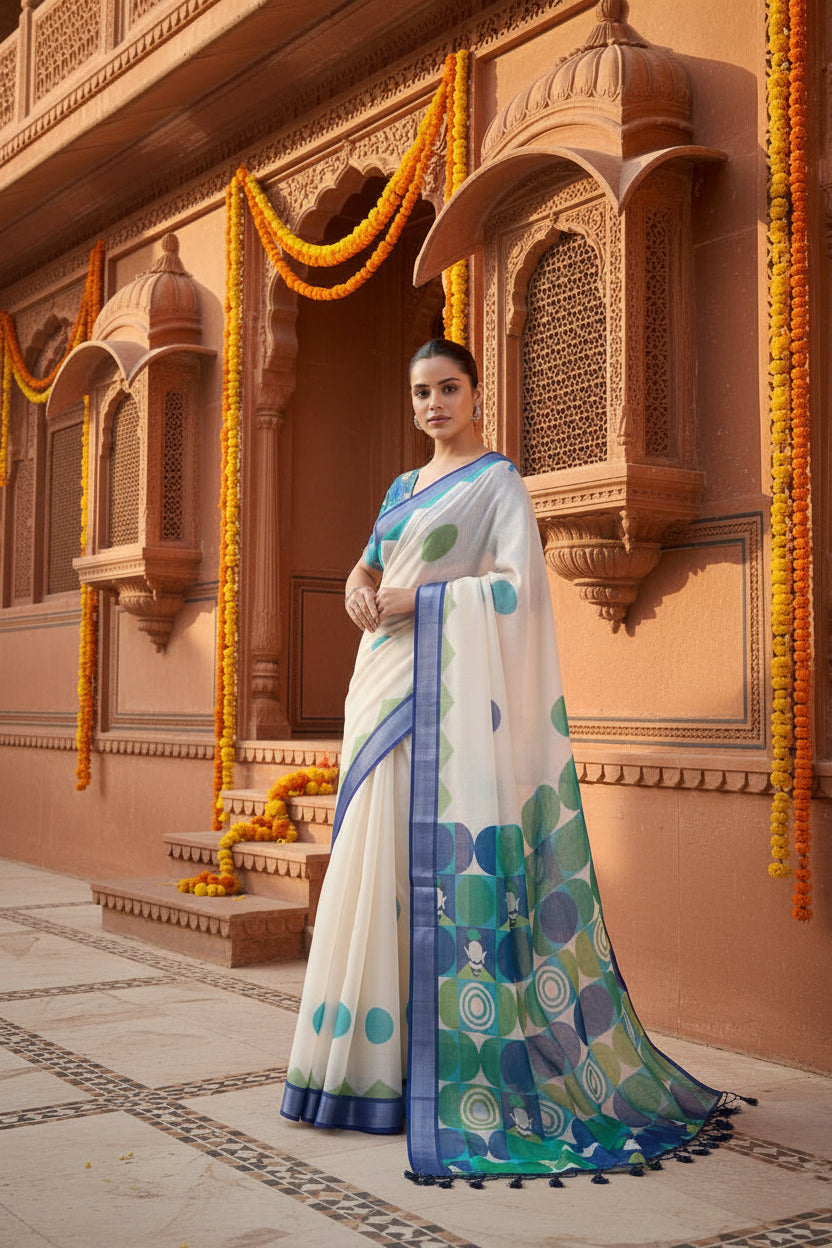 Cotton Printed Saree With Unstitched  Blouse(White)