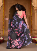 Satin Silk Printed Saree With Unstitched Blouse(Black)